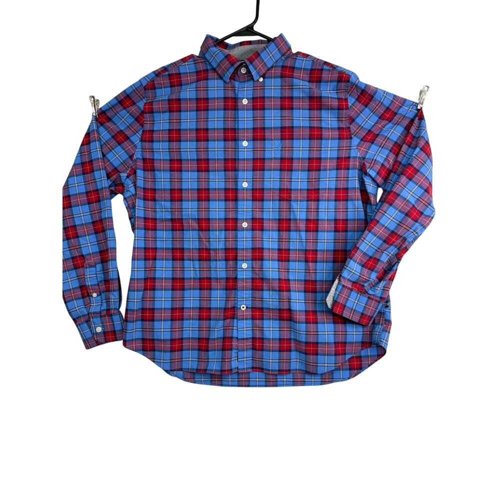 Nautica Men’s XL Classic Fit Plaid Button Down Shirt Blue Red Long Sleeve